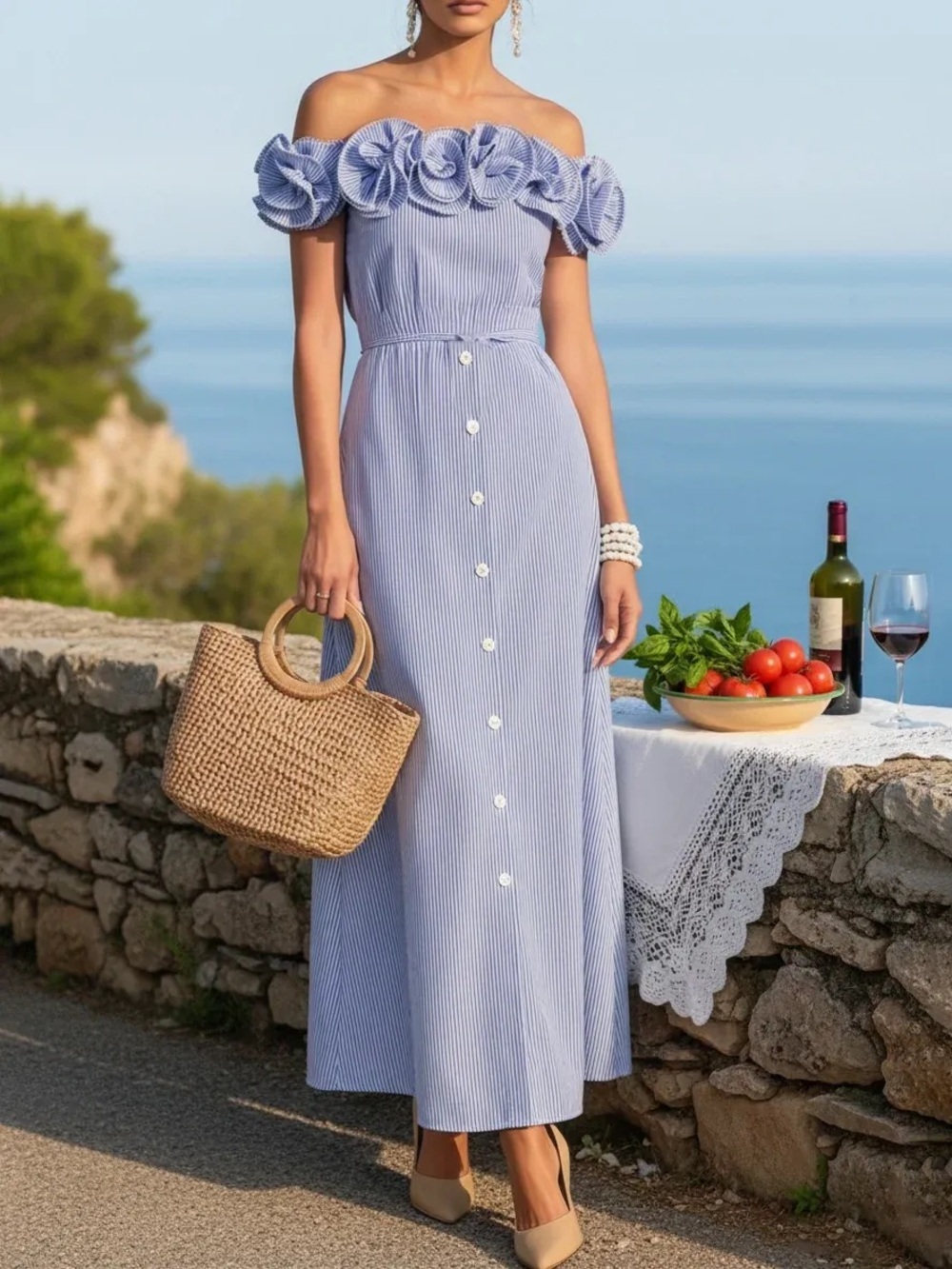 NWT Chillinen/Linen Vibes Off-Shoulder Blue Stripe Dress with Floral Ruffle